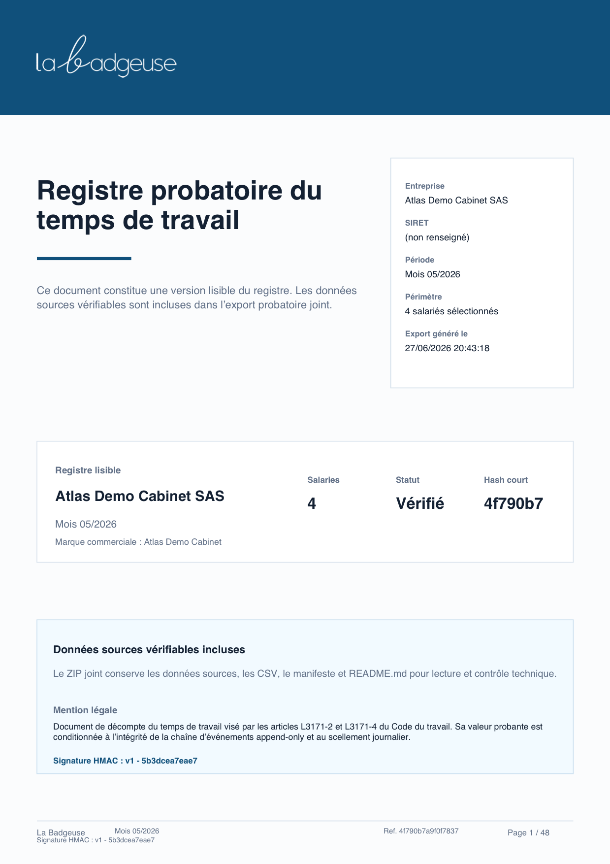Aperçu d’un export PDF signé : page de garde avec entreprise, période, références L3171-2 / L3171-4 et résumé de la signature.